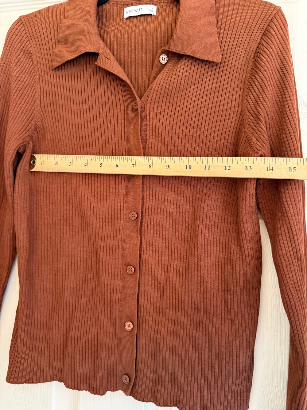 Nine West Rust/brown Ribbed Button-Front Collared Top - Picture 6 of 8